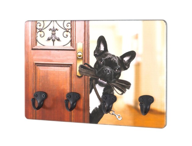 Schlüsselleiste >Hund / Tür< in bunt-schwarz aus MDF, Metall - 30x21x5cm (BxHxT)