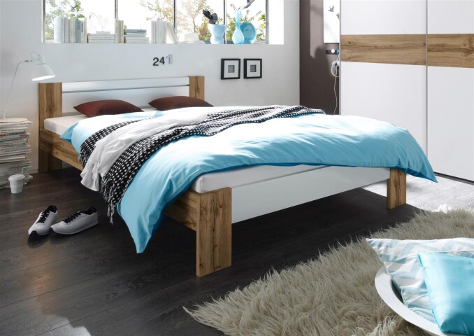 Bett >Vega< in Wildeiche Nachbildung / Weiß - 145x35-71x204cm (BxHxT)