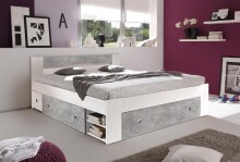Stauraumbett >Robina< in Beton Nachbildung / Weiß - 145x86x204cm (BxHxT)