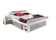 Stauraumbett >Robina< in Beton Nachbildung / Weiß - 145x86x204cm (BxHxT)