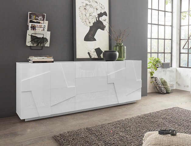 Sideboard >Piacenza< in Weiß-Hochglanz - 224x86x44cm (BxHxT)