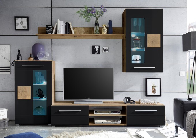 Wohnwand >Goran< in Artisan Eiche Schwarz - 240x190x43cm (BxHxT)