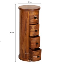 Design Sideboard Sheesham Massivholz 35x85x35 cm | Schränkchen mit 4 Schubladen | Schmaler Beistellschrank Massiv | Mini Kommode Rund