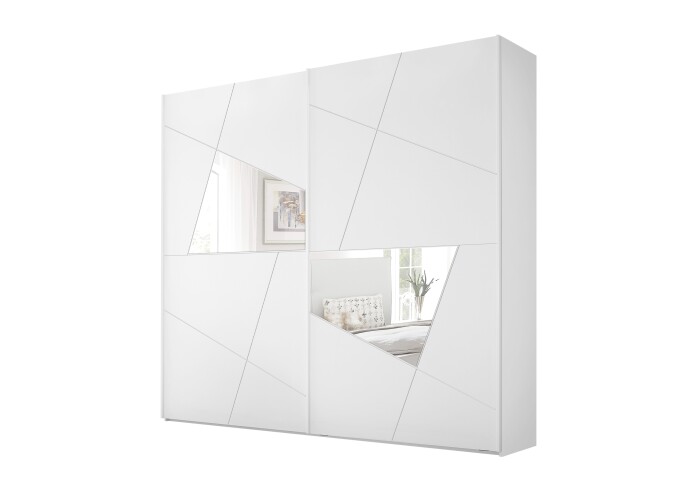 Kleiderschrank "Valeria" in Weiss Melamin mit Siebdruck und Spiegel mit 2 Türen und 2 Einlegeböden. Abmessungen (BxHxT) 243x230x57 cm