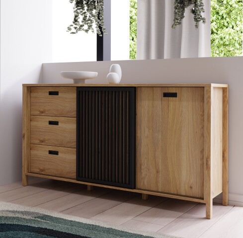Sideboard >Jecho< in Mauvella Eiche / Schwarz - 174,8x91,5x40,2cm (BxHxT)