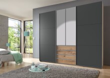 Schwebetürenschrank >MAGIC< in PLANKENEICHE NB + GRAPHIT - 300x236x65cm (BxHxT)