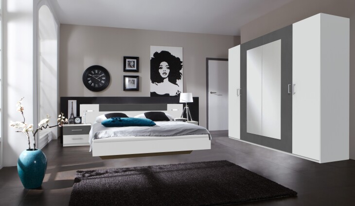 Komplettschlafzimmer >ANGIE< in WEISS + GRAPHIT - 499x208x210cm (BxHxT)
