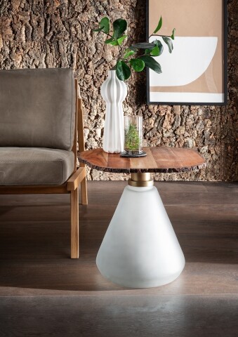 Beistelltisch >1107< in Massivholz Akazie, Gestell Milchglas - 44x46cm (HxD)
