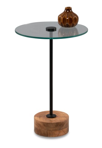 Beistelltisch >Pori< in Schwarz, Akaziefarben, Holz, Metall, Glas - 53x35 (HxD)
