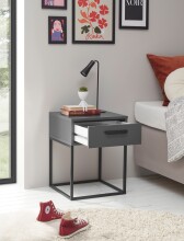 SUNA Nachttisch in Graphit - Moderner Nachtschrank mit Schublade und schwarzem Metallgestell - 40 x 52 x 38,5 cm (B/H/T)