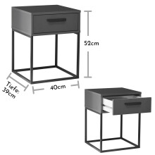 SUNA Nachttisch in Graphit - Moderner Nachtschrank mit Schublade und schwarzem Metallgestell - 40 x 52 x 38,5 cm (B/H/T)