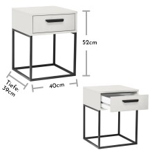 SUNA Nachttisch in Weiß - Moderner Nachtschrank mit Schublade und schwarzem Metallgestell - 40 x 52 x 38,5 cm (B/H/T)