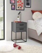 SUNA Nachttisch in Graphit - Moderner Nachtschrank mit Schubladen und schwarzem Metallgestell - 40 x 65 x 38,5 cm (B/H/T)