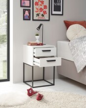 SUNA Nachttisch in Weiß - Moderner Nachtschrank mit Schubladen und schwarzem Metallgestell - 40 x 65 x 38,5 cm (B/H/T)