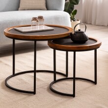 Couchtisch 2er Set Rund Holz / Steinoptik Wohnzimmertisch...