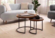 Couchtisch 2er Set Rund Holz / Steinoptik Wohnzimmertisch Satztisch