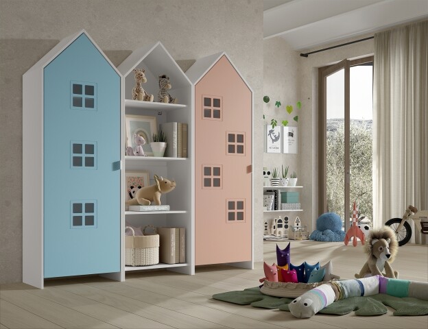 Kleiderschrank >CASAMI BRUGES< in Korpus Weiß / Front Blau u. Pink, MDF