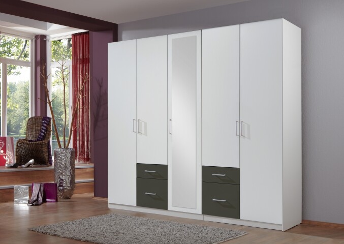 Drehtürenschrank >Freiburg< in WEISS + GRAPHIT - 225x208x58cm (BxHxT)