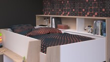 Stauraumbett >Lucas< in Weiss / Japanische Eiche - 209x133x140cm (LxBxH)
