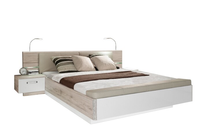 Bettanlage >Rondino< in Sandeiche / Weiß Glanz  - 285,3x87,7x237cm (BxHxT)