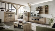 Glasvitrine >Bellano< in Viking Oak Dekor, MDF, Spannplatte - 90x128x38 (BxHxT)
