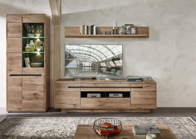 Wohnwand >Bellano< in Viking Oak Dekor, MDF, Spannplatte - 299x202x44cm (BxHxT)