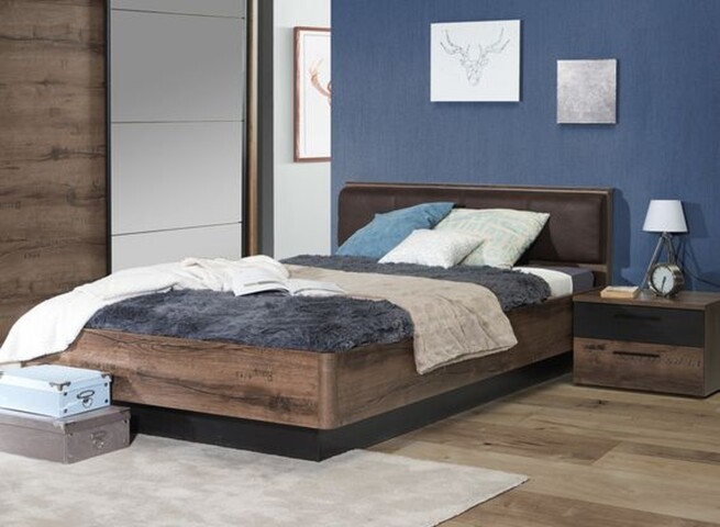 Bett >JACKY< in Schlamm/Scripteiche Dekor mit Schwarz Eiche, 146,2x87,7x209,6 cm B/H/T