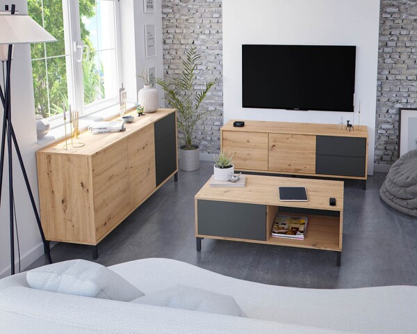 Wohnzimmer-Set >Brooklyn< in Nodi-Eiche/Anthrazit-Grau - 130x47x41 (BxHxT)