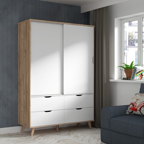 Kleiderschrank >VANKKA< in Planked Eiche, Weiss  - 139,4x201,5x52,7cm (BxHxT)