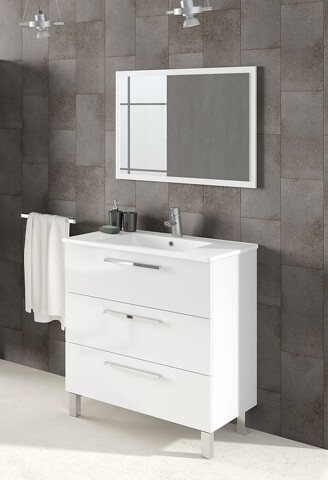 Badezimmer-Set >ATHENA< in weiß glänzend / Spiegel - 80x86x45 (BxHxT)