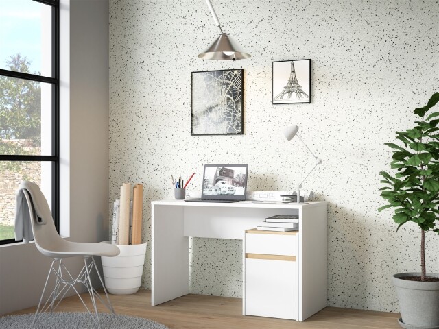 Schreibtisch >MODULTRICK< in Weiss / Artisan Eiche Dekor - 110x72,7x52,7cm (BxHxT)