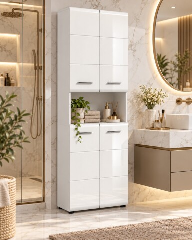 Badezimmer Hochschrank >Ice< in Weiß Hochglanz - 60x185x30cm (BxHxT)