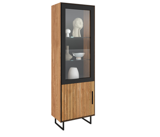 Vitrine >Eddie< in Eiche / schwarz, Eiche teilmassiv - 54x197x40cm (BxHxT)
