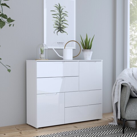 Kommode >SIENNA< in weißglanz Dekorfolie - 115,1x94,5x34,4cm (BxHxT)