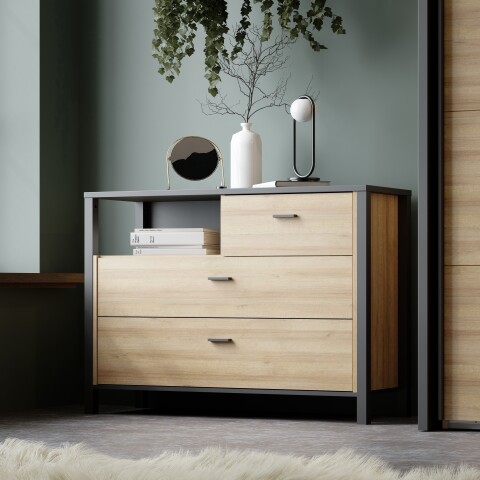 Kommode >HIGH ROCK< in Schwarz/ Riviera Eiche Dekor, 3 Schubladen - 104,8x85,1x40,2 (BxHxT)