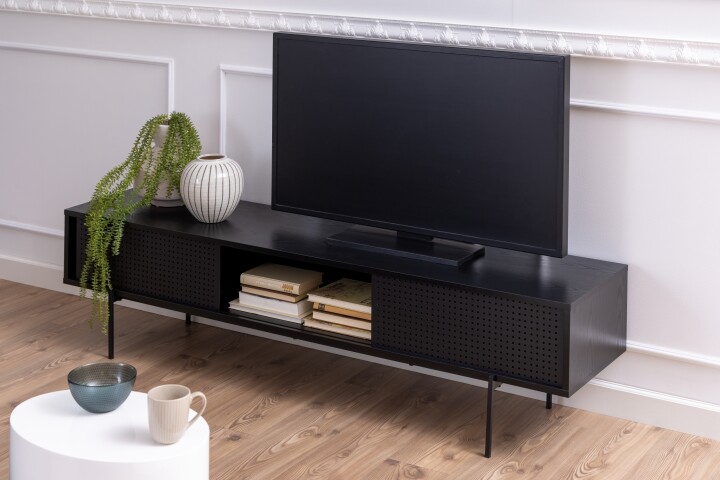 TV-Board >Angus< in schwarz, MDF, Stahl - 180x44,5x40cm (BxHxT)