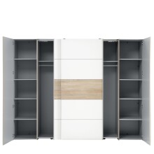Dreh-/Schwebetürenschrank >Narago< mit Inneneinteilung, in Sonoma Eiche Dekor / Weiss - 270,3x210,5x61,2cm (BxHxT)