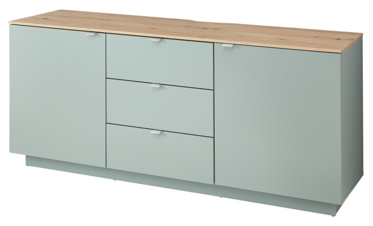Lowboard >Core< 3 Schubladen, 2 Türen, in schilfgrün supermatt / Artisan Eiche Dekor - 180x77x44 (BxHxT)
