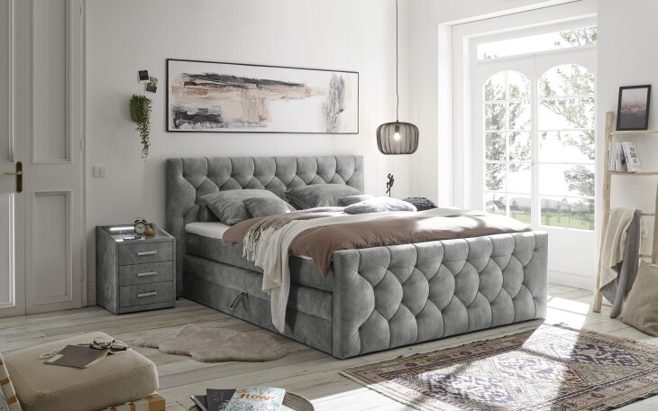 Boxspringbett >Cashfield< 6cm Topper, 2 Bettkästen, Bezugsstoff hellgrau gesteppt, Liegefläche 180x200cm - Stellmaß 200x113x225cm (BxHxT)