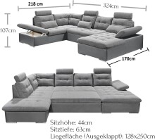 Wohnlandschaft >Jakarta< Schlaffunktion, Stauraum, 3 Kopfstützen, Armlehnverstellung, 3 Kissen, schwarz / anthrazit "lava" - 324x107x170/218 (BxHxT)