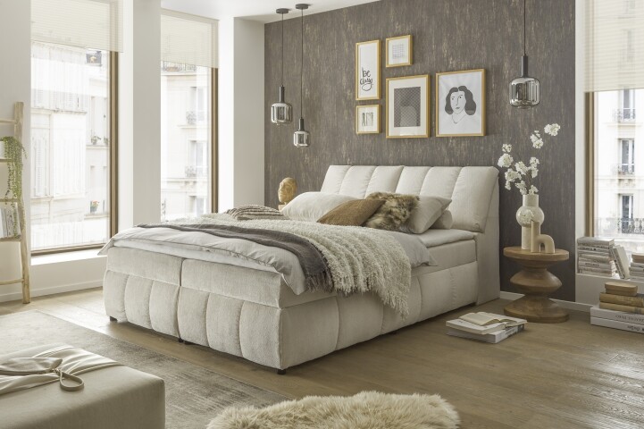 Boxspringbett >Valencia 180< 4x Bettkasten / Stauraum, inkl. Topper, Bezug Ivory cream, Liegefläche 180x200cm - Stellmaß 183x105x240cm (BxHxT)