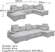 Wohnlandschaft >MEDAN< Schlaffunktion, Bettkasten, 3 Kopftützen, Armlehnfunktion, in light grey - 324x107x170/218 (BxHxT))