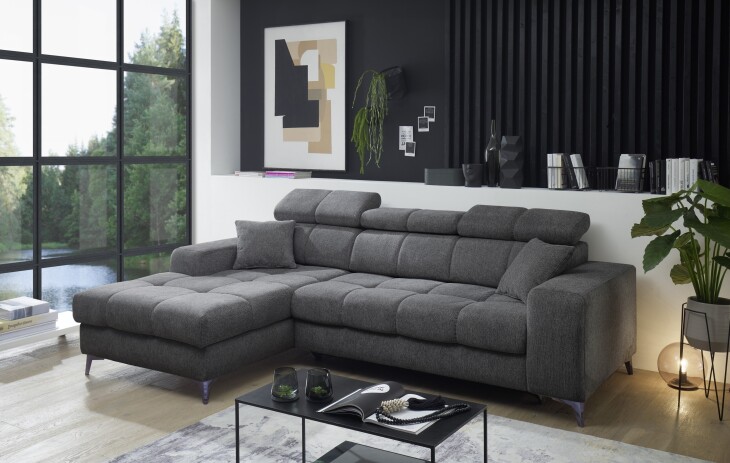 Ecksofa >SYDNEY< Elektrische Sitztiefenverstellung, 3 verstellbare Kopfstützen, Bettkasten, in anthrazit - 268x105x172 (BxHxT)