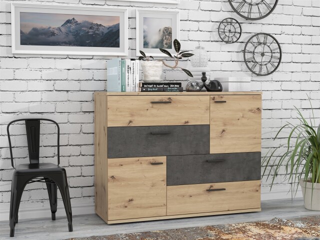 Sideboard >Skive< 4 Schubladen, 2 Türen, in Betonoptik / Artisan Eiche Dekor - 124,9x95,9x41,3cm B/H/T