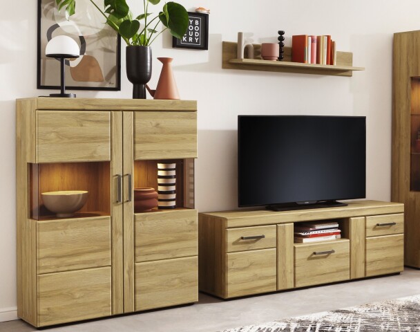 Wohnwand >Cortina< (3-teilig) in Grandson Eiche Dekor - 259x155x41 (BxHxT)