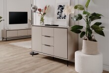Sideboard >Arona< 2 Türen, 3 Schubladen, 4 Böden, in Sand / Schwarz - 135x90x38cm (BxHxT)
