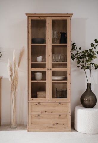 Vitrine >Timber< Landhaus, 2 Türen, 2 Schubladen, 3 Böden, in Artisan Eiche Dekor / Glas - 80x200x45cm (BxHxT)