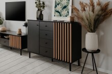 Sideboard >Monza< 2 Türen, 4 Schubladen, 2 Böden, 3D-Lamellen-Optik, schwarz / Dekor Artisan Eiche - 118x90x40cm (BxHxT)