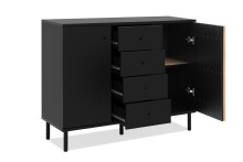 Sideboard >Monza< 2 Türen, 4 Schubladen, 2 Böden, 3D-Lamellen-Optik, schwarz / Dekor Artisan Eiche - 118x90x40cm (BxHxT)