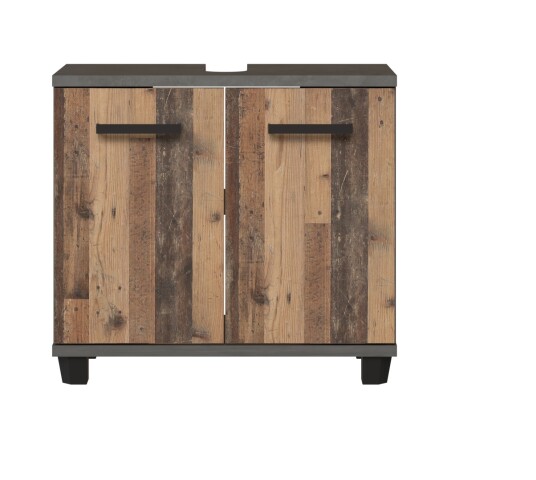 Waschbeckenunterschrank >Veris< 2 Türen, Old-Wood Vintage Dekor / Betonoptik - 68,6x62x34,8cm B/H/T